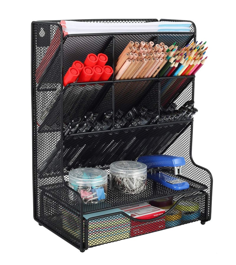 PAG Desk Organizer with Drawer Office Supplies and Accessories Storage Caddy Hanging Wall Shelf Metal Mesh Pencil Holder for Kids, 9 Compartments, Black - Image 2